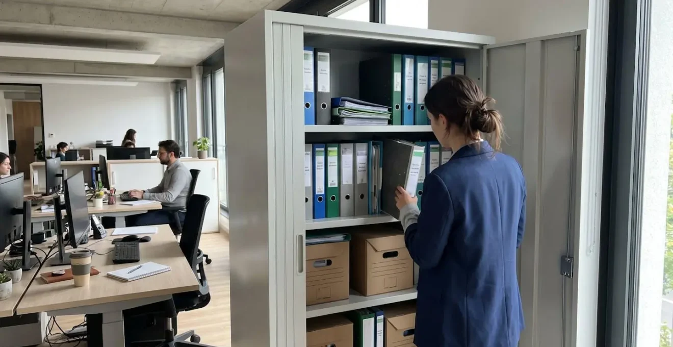 Une armoire forte métallique ouverte dans un bureau lumineux avec des classeurs et dossiers organisés sur les étagères