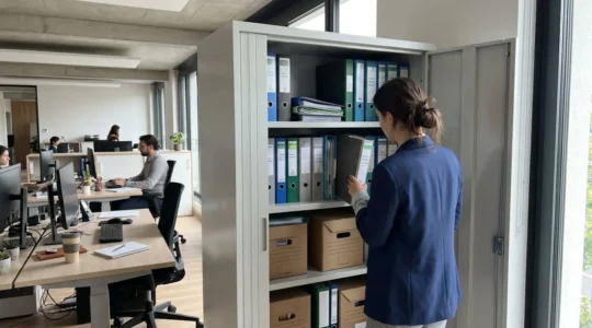 Une armoire forte métallique ouverte dans un bureau lumineux avec des classeurs et dossiers organisés sur les étagères