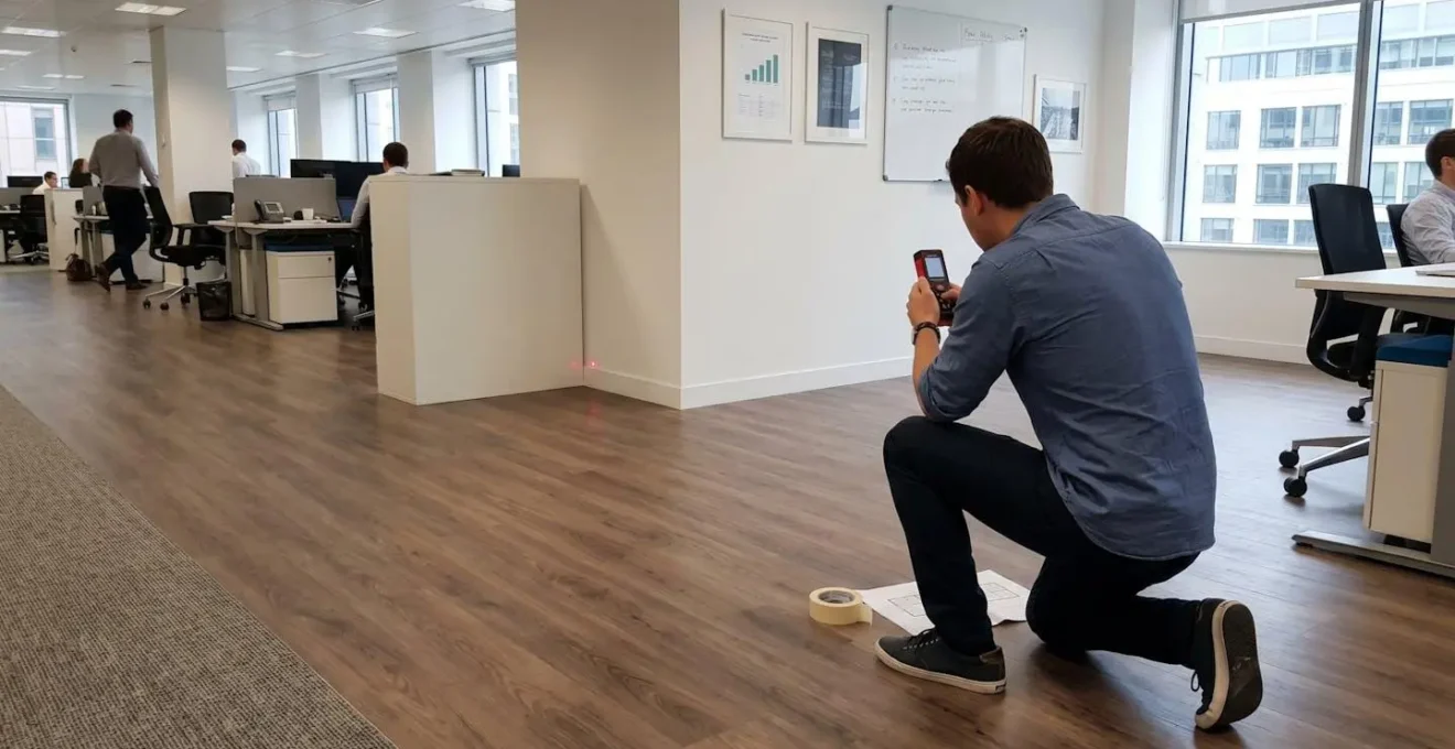 Une équipe de trois professionnels en discussion autour d'un plan de locaux étalé sur une table dans un bureau lumineux