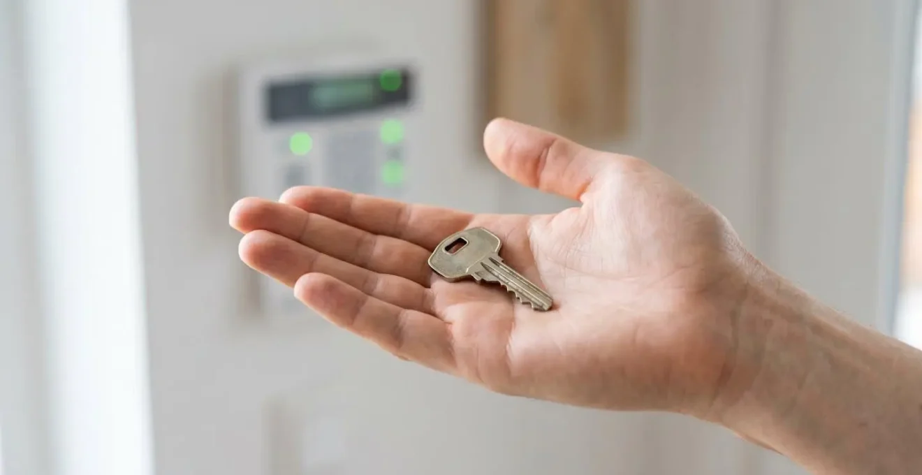 Main tenant une clé de maison avec un panneau d'alarme en arrière-plan flou.