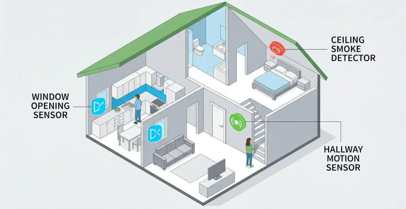 Illustration isométrique d'une maison avec des capteurs de sécurité placés aux points stratégiques.