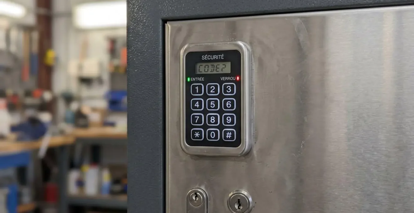 Gros plan sur un clavier numérique de verrouillage électronique monté sur une porte d'armoire forte métallique